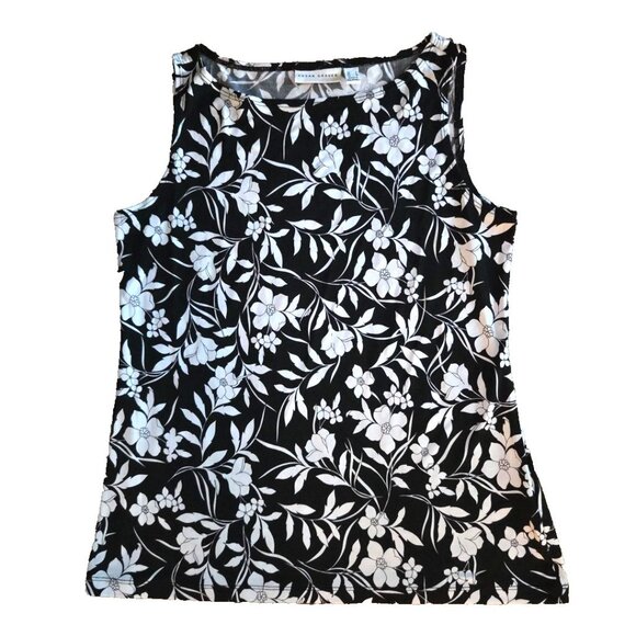 Small Susan Graver Sleeveless Tank Top Liquid Knit Black and White Floral - Picture 1 of 9